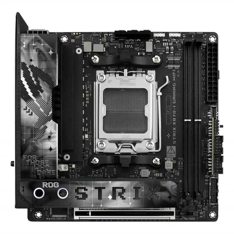 Placa-mãe ASUS ROG STRIX X870-I GAMING WIFI mini ITX · AMD X870 · Socket AM5 · DDR5 · 2 DIMM · Wi-Fi 7 · Bluetooth 5.4