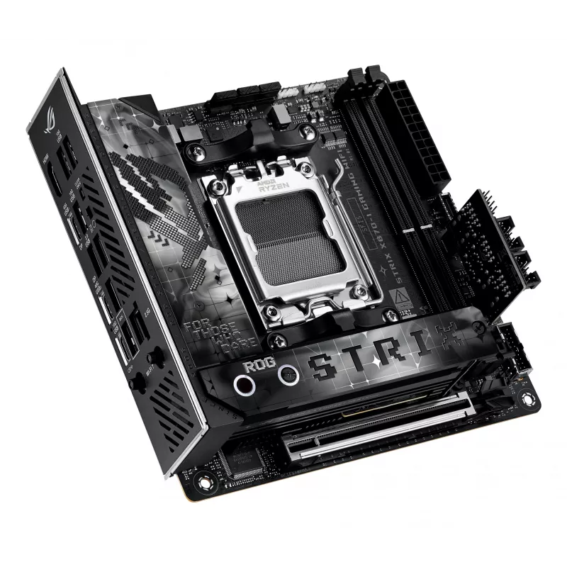 Placa-mãe ASUS ROG STRIX X870-I GAMING WIFI mini ITX · AMD X870 · Socket AM5 · DDR5 · 2 DIMM · Wi-Fi 7 · Bluetooth 5.4