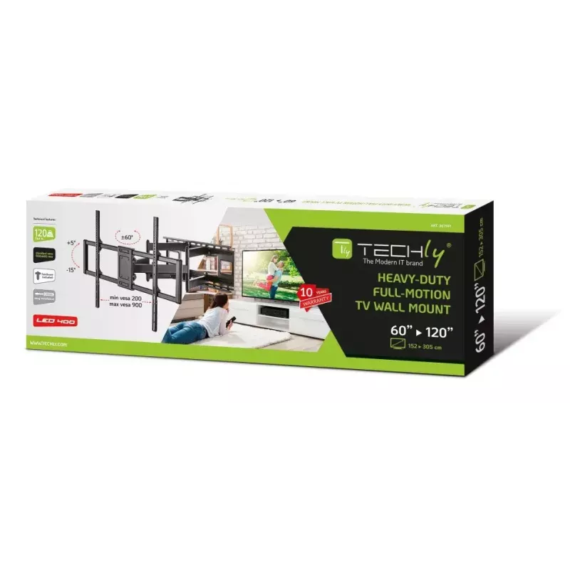 Suporte de parede fino Techly para TV LCD LED 60-120 polegadas preto capacidade máxima de peso 120 kg