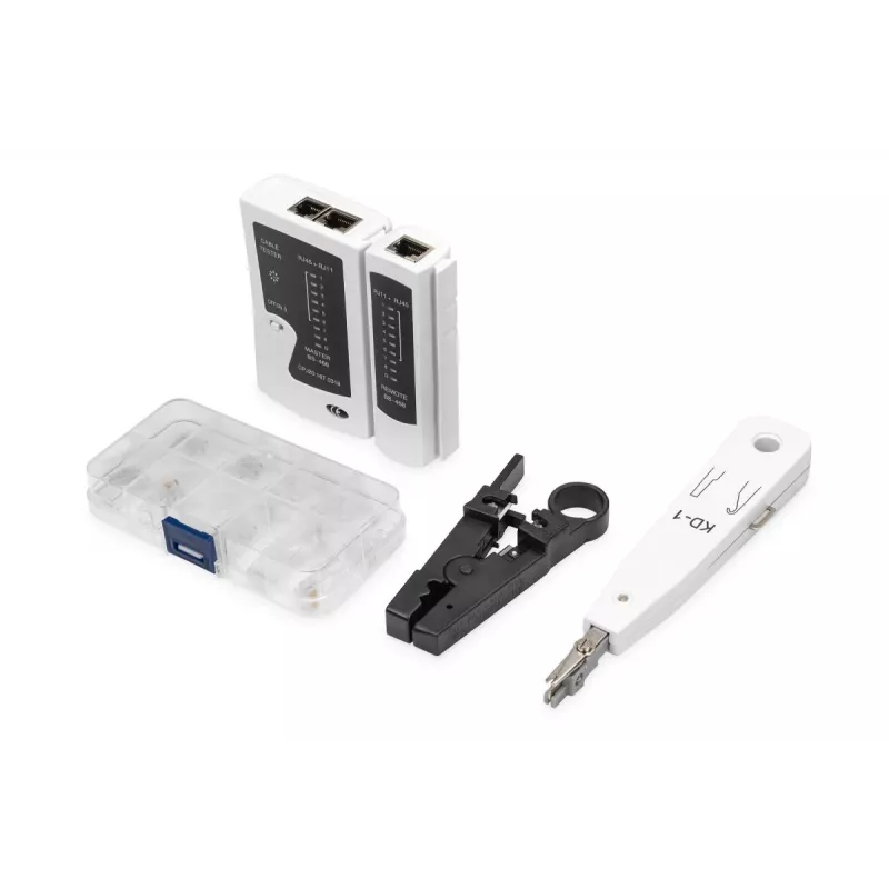 Conjunto de ferramentas de rede DIGITUS - testador LAN alicate de cravar ferramenta de corte e descarnagem ferramenta de inserção bolsa 12 peças
