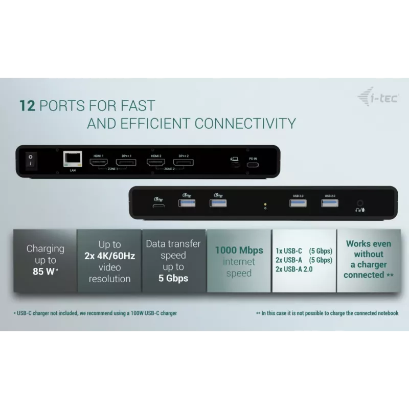Docking station universal i-tec para dois ecrãs 4K + Power Delivery 85W