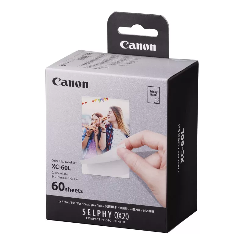 Canon XC-60L, sublimação de cor, 5,4x8,5 cm, 60 peças. Canon XC-60L. Tecnologia de impressão: sublimação de cor, tamanho do papel: 5,4x8,5 cm. Quantidade por embalagem: 60 peças.