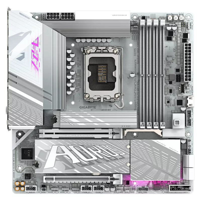 Placa-mãe GIGABYTE Z890M AORUS ELITE WIFI7 ICE - Compatível com CPUs Intel Core Ultra (Série 2), VRM 12+1+2 fases, até 8800MHz DDR5 (OC), 1xPCIe 5.0 + 2xPCIe 4.0, Wi-Fi 7, LAN 2.5GbE, USB 4
