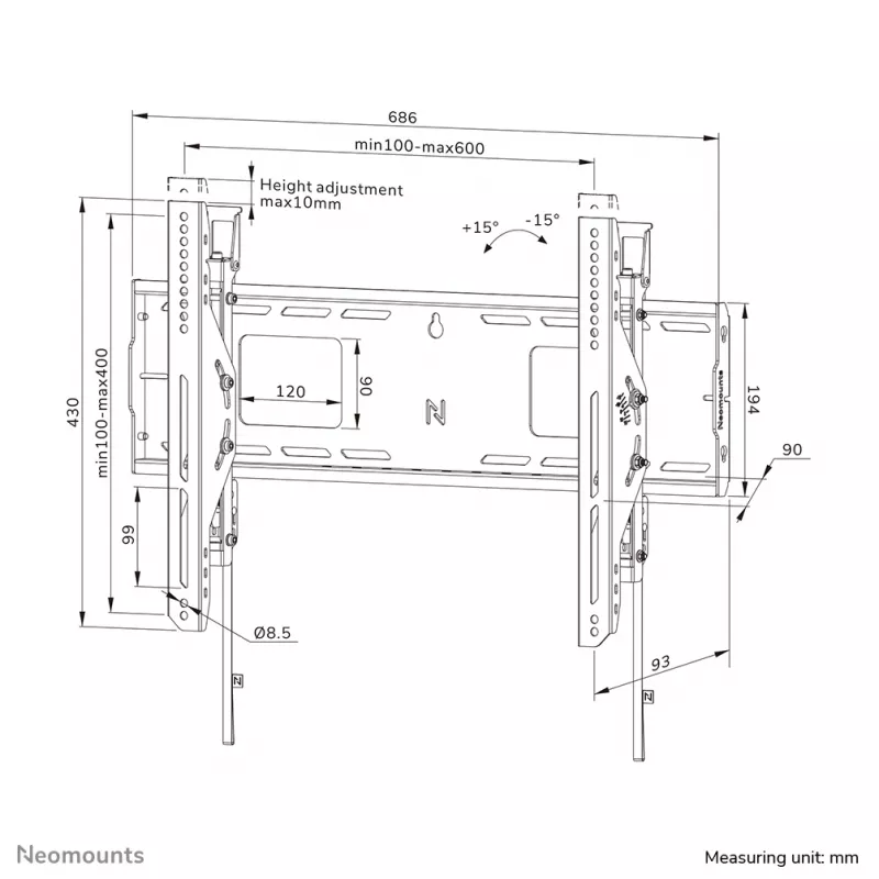 Suporte de parede reforçado Neomounts WL35-750BL16 42-86 polegadas - inclinável - com fecho - instalação rápida - TÜV