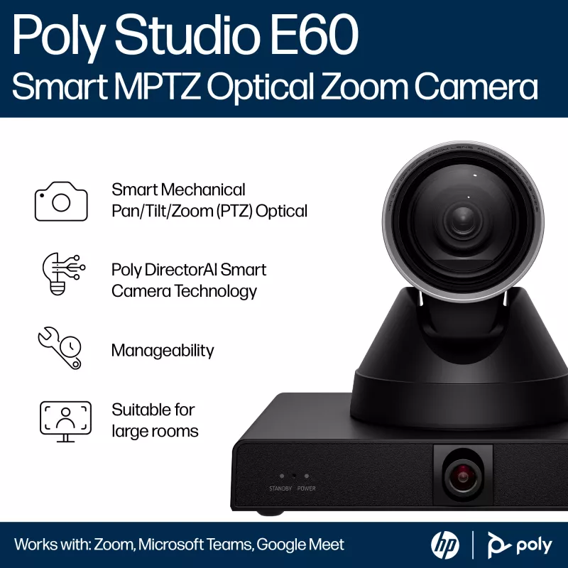 Câmara inteligente HP Poly Studio E60 4K MPTZ com zoom ótico de 12x