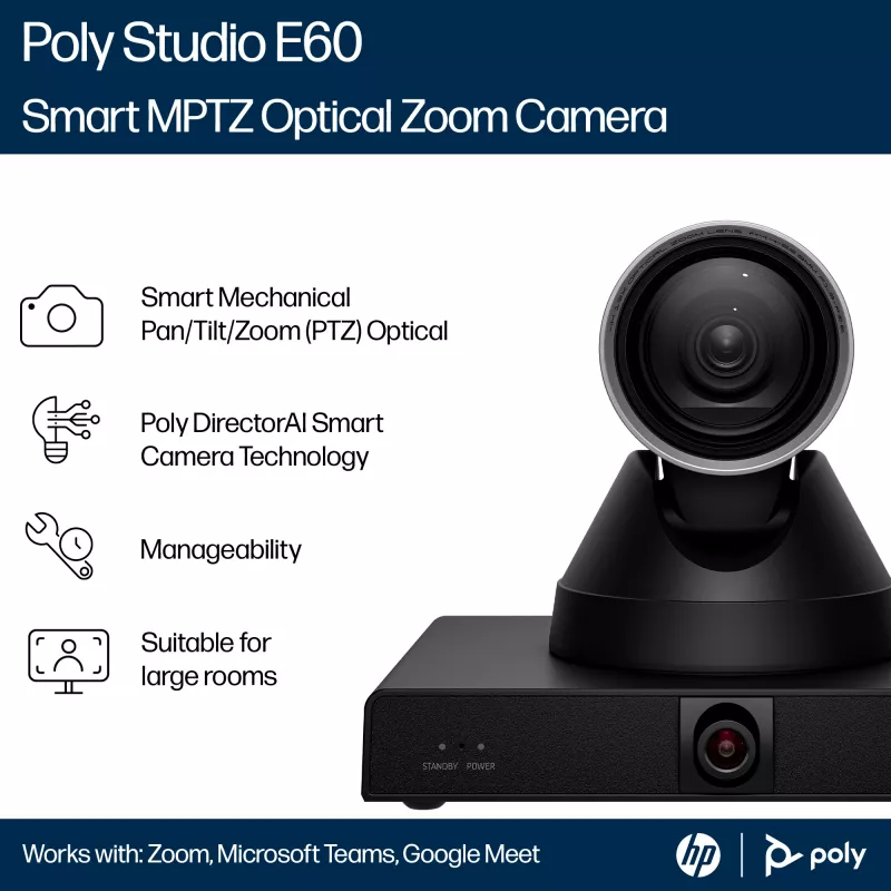 Câmara inteligente HP Poly Studio E60 4K MPTZ com zoom ótico de 12x
