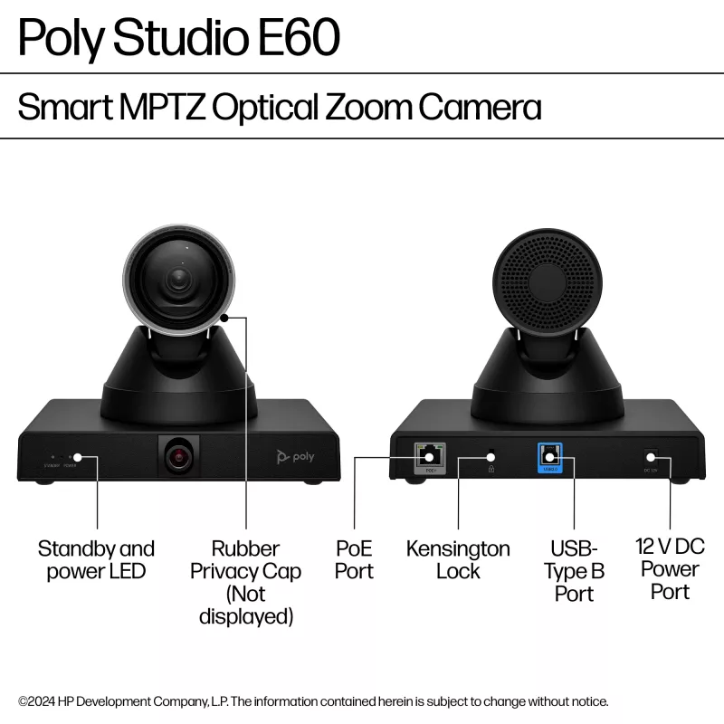 Câmara inteligente HP Poly Studio E60 4K MPTZ com zoom ótico de 12x