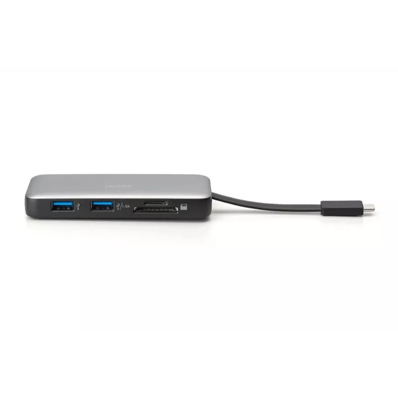 Estação de acoplamento de viagem DIGITUS USB-C, 7 portas - HDMI / 2x USB-A 3.2 Gen 1 / GbE / SD / MicroSD - 100W USB-C Power Delivery