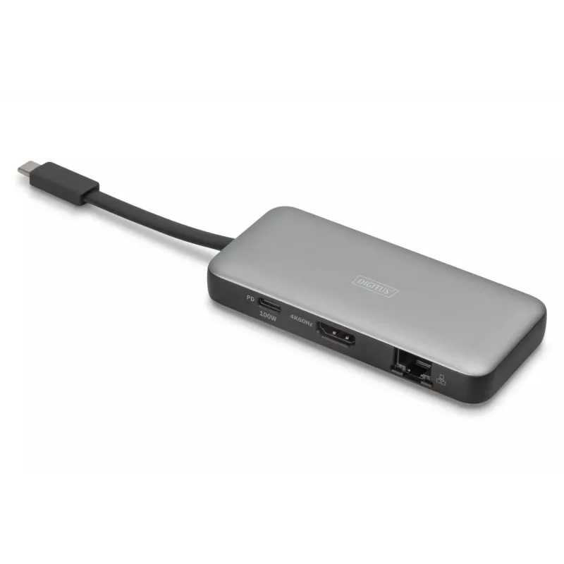 Estação de acoplamento de viagem DIGITUS USB-C, 7 portas - HDMI / 2x USB-A 3.2 Gen 1 / GbE / SD / MicroSD - 100W USB-C Power Delivery