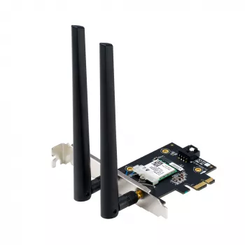 Adaptador interno WLAN Bluetooth ASUS PCE-BE6500 — PCIe, Tri-Band Wi‑Fi 6E/7 (2,4/5/6 GHz), Bluetooth 5.4, 2882 Mbps, antena externa, preto