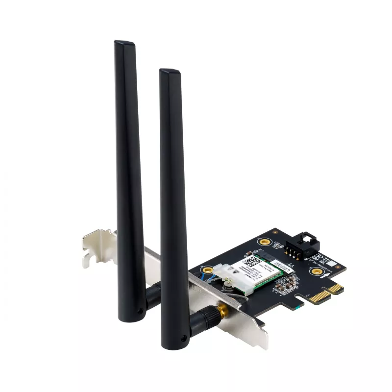 Adaptador interno WLAN Bluetooth ASUS PCE-BE6500 — PCIe, Tri-Band Wi‑Fi 6E/7 (2,4/5/6 GHz), Bluetooth 5.4, 2882 Mbps, antena externa, preto