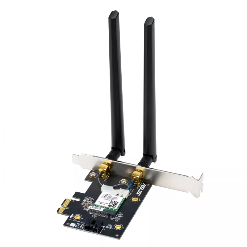 Adaptador interno WLAN Bluetooth ASUS PCE-BE6500 — PCIe, Tri-Band Wi‑Fi 6E/7 (2,4/5/6 GHz), Bluetooth 5.4, 2882 Mbps, antena externa, preto