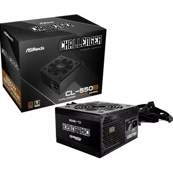 Fonte de alimentação ASRock CL-550B Challenger 550W ATX, 20+4-Pin, 80 PLUS Bronze, ventoinha de 120 mm, Preto
