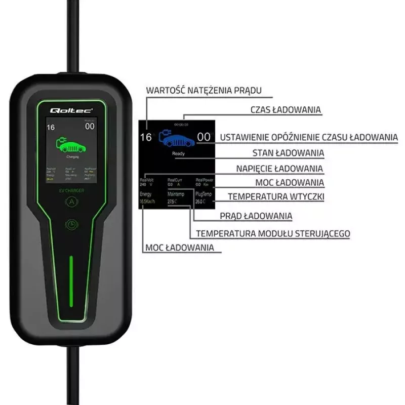 Carregador portátil para veículos elétricos QOLTEC 52467 Tipo 2, 11 kW, de 3 fases