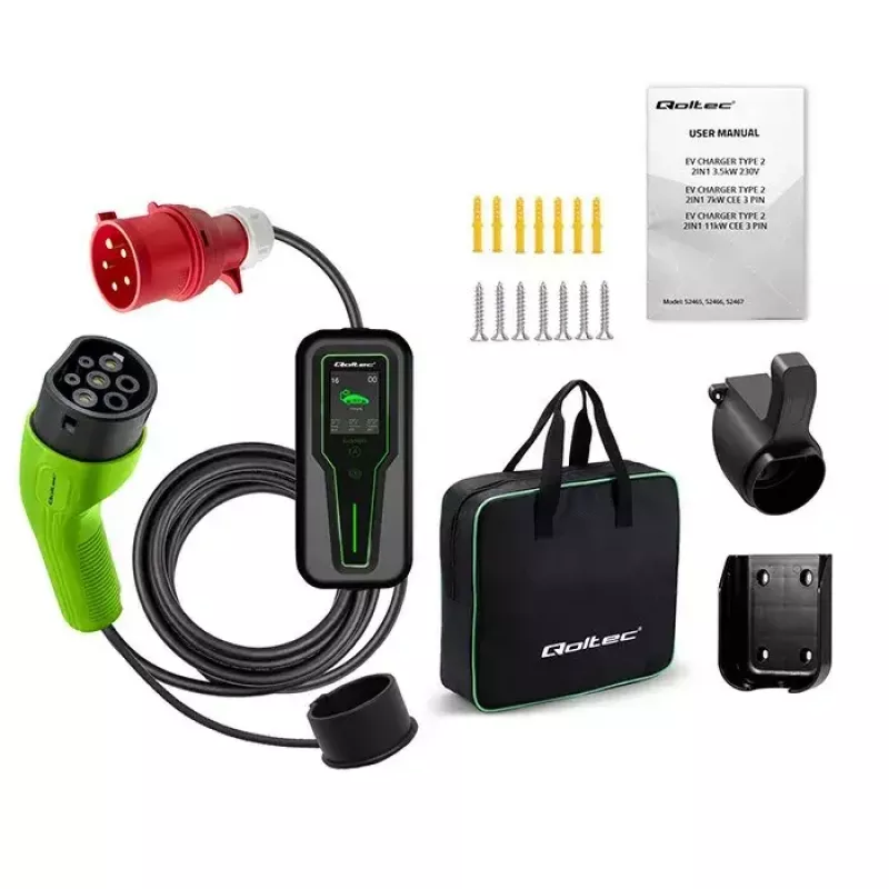 Carregador portátil para veículos elétricos QOLTEC 52467 Tipo 2, 11 kW, de 3 fases