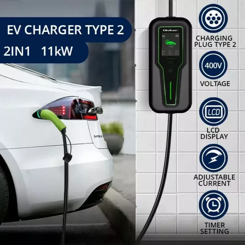 Carregador portátil para veículos elétricos QOLTEC 52467 Tipo 2, 11 kW, de 3 fases
