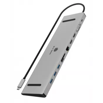 ICY BOX 11-em-1 via USB Type-C, com fios, USB 3.2 Gen 1 (3.1 Gen 1) Type-C, 100 W, 3,5 mm, 10,100,1000 Mbit/s, Antracite, Preto