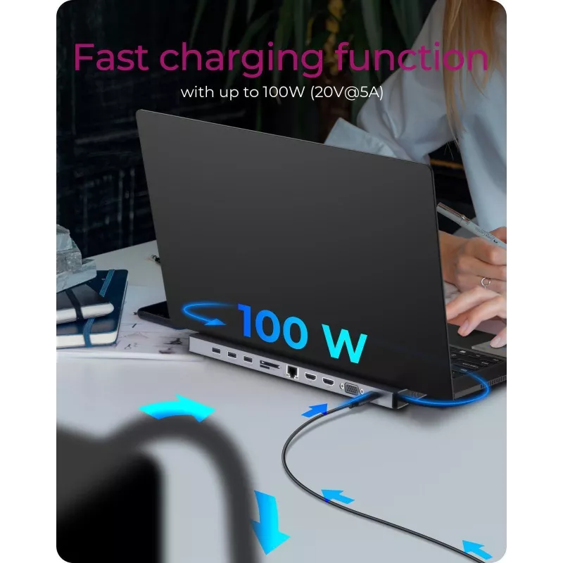 ICY BOX 11-em-1 via USB Type-C, com fios, USB 3.2 Gen 1 (3.1 Gen 1) Type-C, 100 W, 3,5 mm, 10,100,1000 Mbit/s, Antracite, Preto