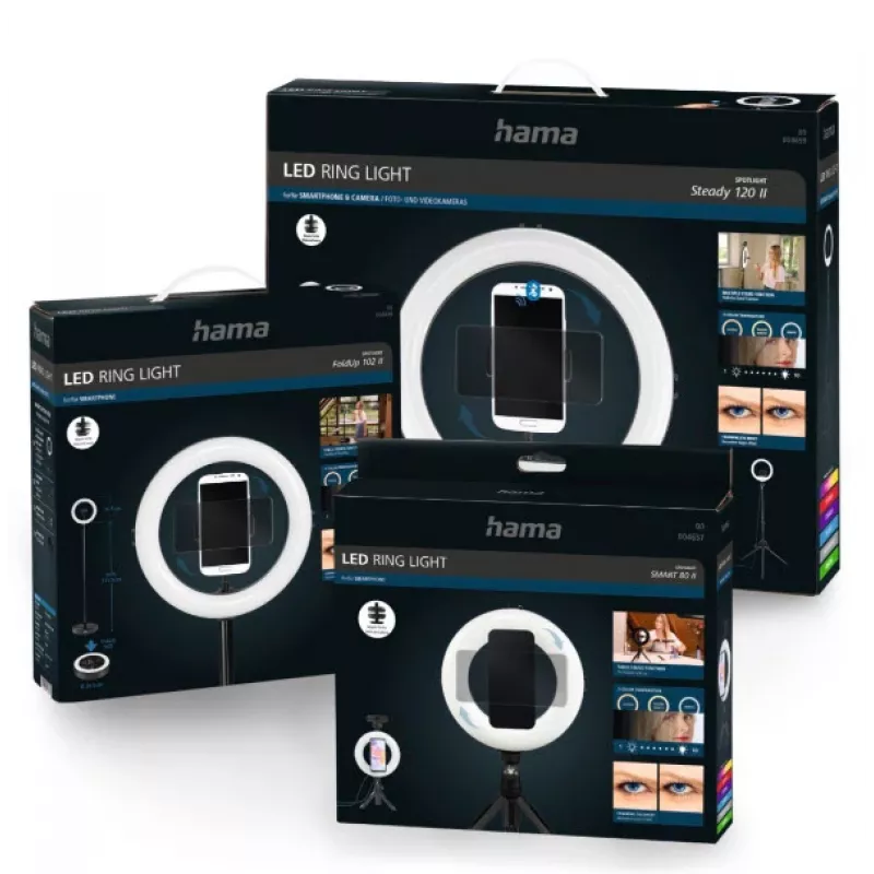 Hama SpotLight Smart 80 II luz em anel LED, conjunto para smartphone, com mini tripé