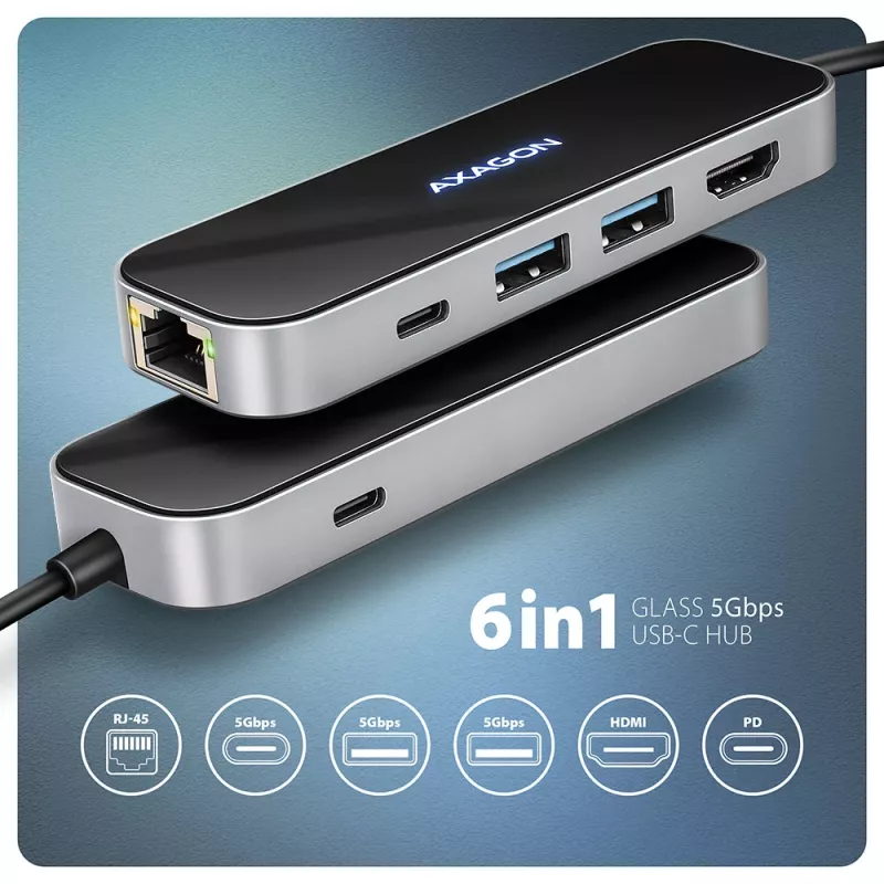Axagon HMC-6GLN hub USB 5Gbps, 2x USB-A, USB-C, HDMI 4k/60Hz, RJ-45, PD 100W, cabo USB-C