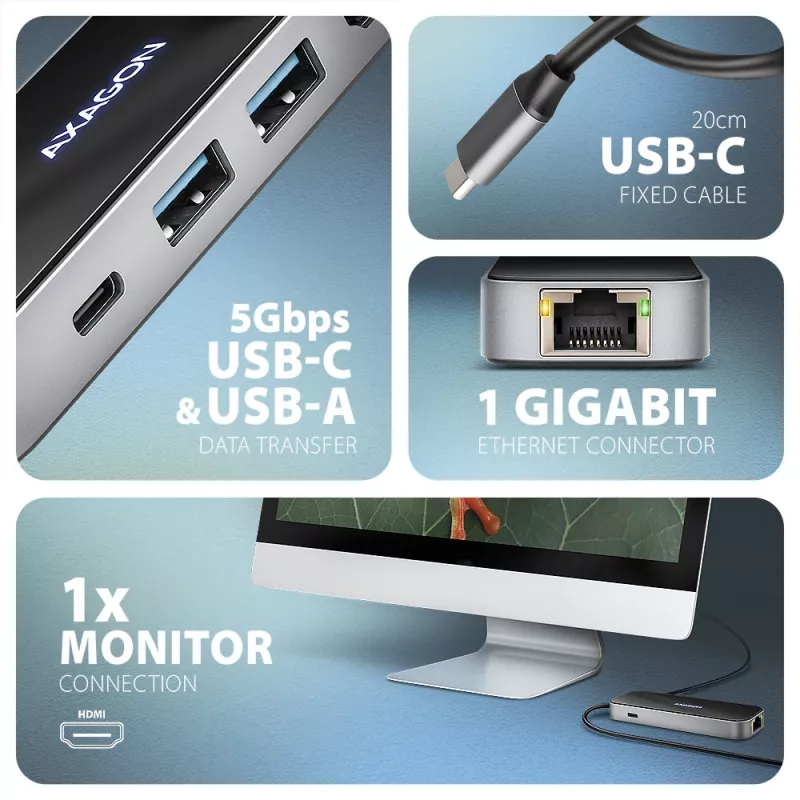 Axagon HMC-6GLN hub USB 5Gbps, 2x USB-A, USB-C, HDMI 4k/60Hz, RJ-45, PD 100W, cabo USB-C