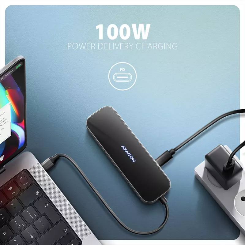 Axagon HMC-6GLN hub USB 5Gbps, 2x USB-A, USB-C, HDMI 4k/60Hz, RJ-45, PD 100W, cabo USB-C
