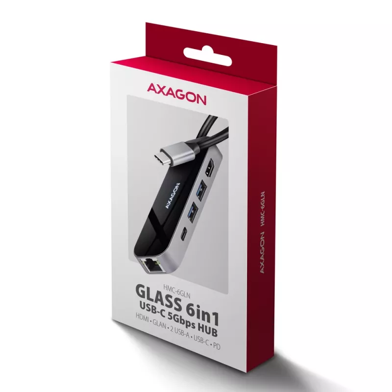 Axagon HMC-6GLN hub USB 5Gbps, 2x USB-A, USB-C, HDMI 4k/60Hz, RJ-45, PD 100W, cabo USB-C