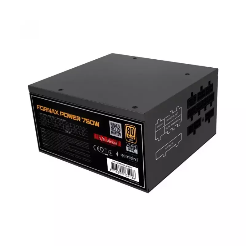 Fonte de alimentação GEMBIRD Fornax Power 750W ATX 80 PLUS Gold modular ventoinha 12 cm EPS 4+4pin PCIe 6+2pin conectores SATA
