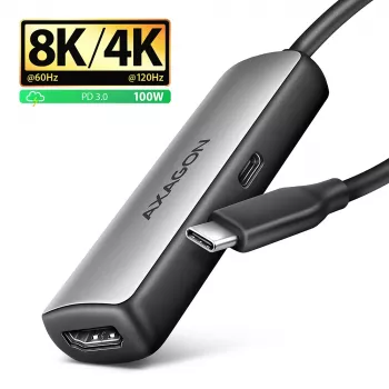 Axagon RVC-HI8KPD, adaptador USB-C -> HDMI 2.1, 8K/60Hz, 4K/144Hz, HDR10+, PD100W