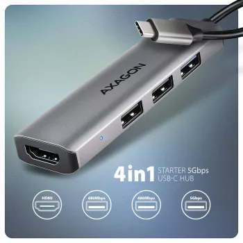 Hub Axagon HMC-H3A USB 5Gbps, 3x USB-A, HDMI 4k/30Hz, cabo USB-C 15cm