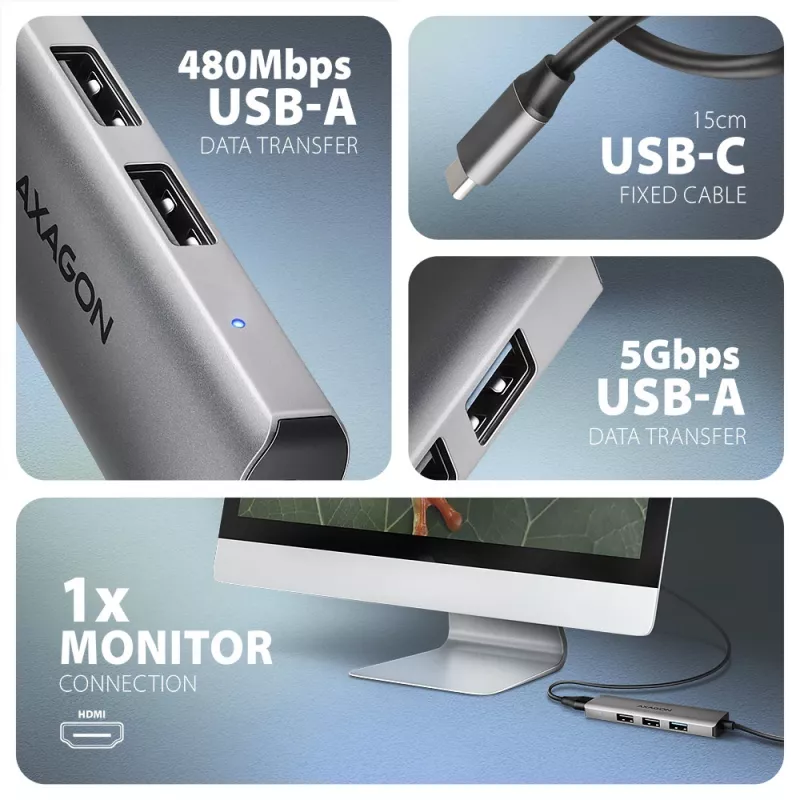 Hub Axagon HMC-H3A USB 5Gbps, 3x USB-A, HDMI 4k/30Hz, cabo USB-C 15cm