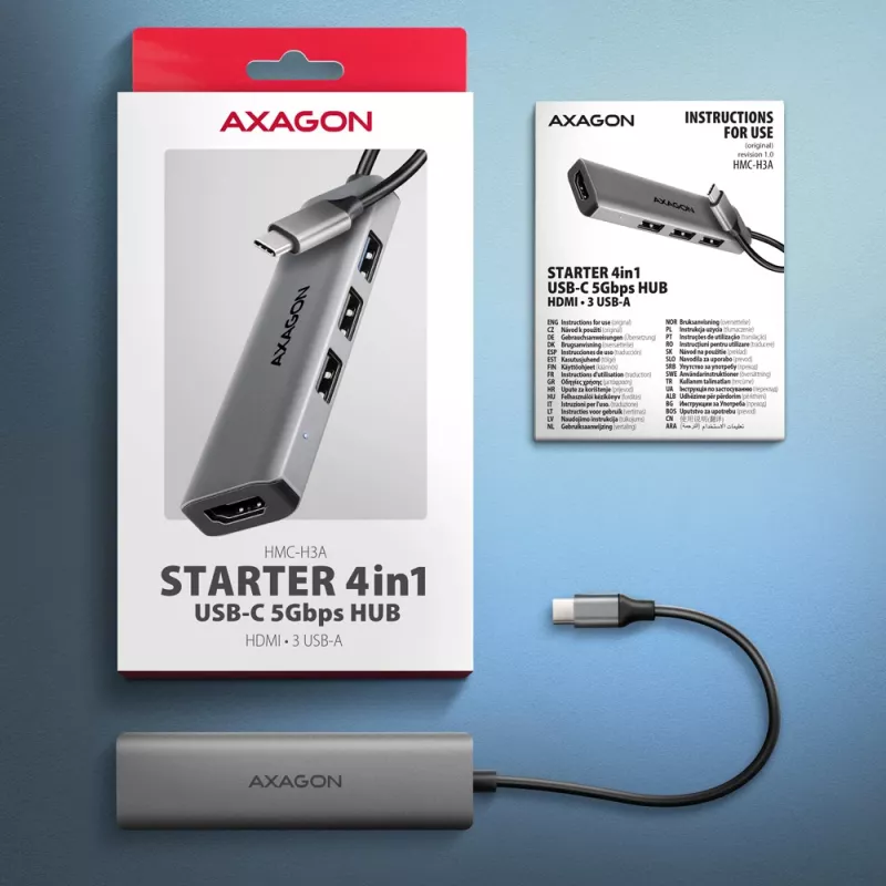 Hub Axagon HMC-H3A USB 5Gbps, 3x USB-A, HDMI 4k/30Hz, cabo USB-C 15cm