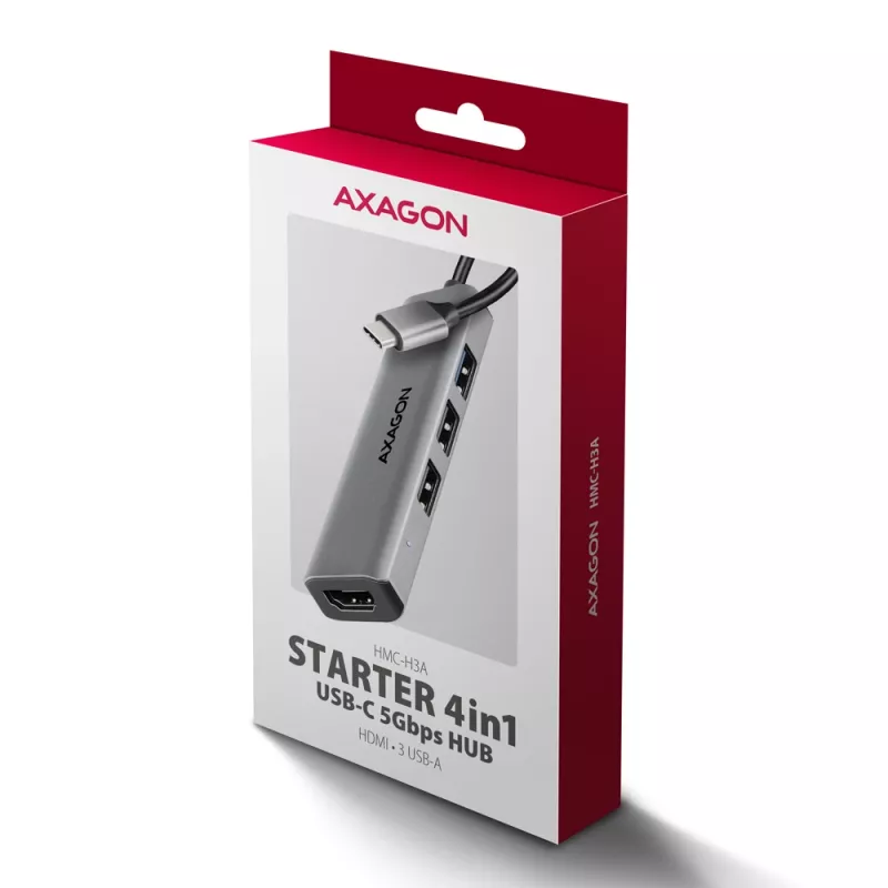 Hub Axagon HMC-H3A USB 5Gbps, 3x USB-A, HDMI 4k/30Hz, cabo USB-C 15cm