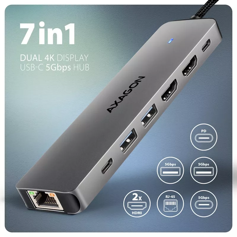 Hub Axagon HMC-7HX2 USB 5Gbps, 2x USB-A, USB-C, 2x HDMI 4K/60Hz, RJ-45, PD 100W