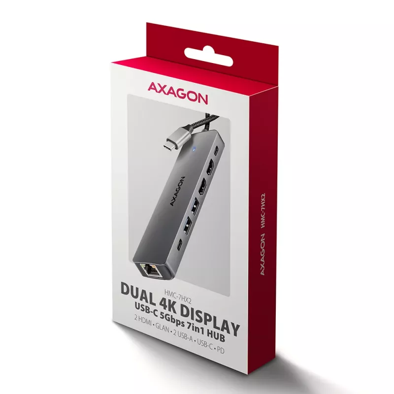 Hub Axagon HMC-7HX2 USB 5Gbps, 2x USB-A, USB-C, 2x HDMI 4K/60Hz, RJ-45, PD 100W