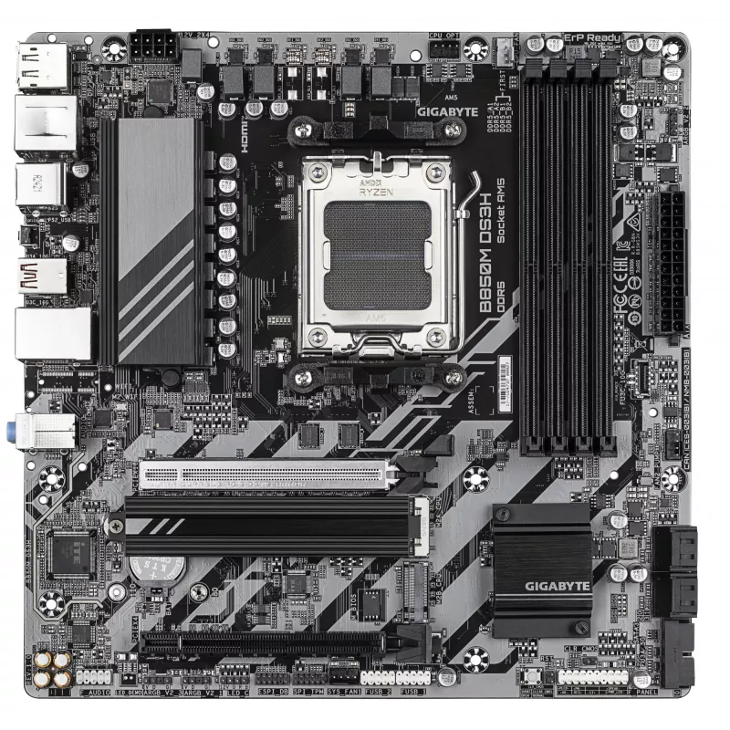 Placa-mãe GIGABYTE B850M DS3H - CPUs AMD Ryzen 9000 Series, VRM digital 16+2+2 fases, até 8200MHz DDR5 (OC), 1xPCIe 5.0 + 1xPCIe 4.0 M.2, 2.5 LAN, USB 3.2 Gen 2