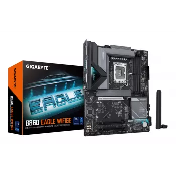 GIGABYTE B860 EAGLE WIFI6E Placa-mãe - CPUs Intel Core Ultra Series, VRM 12+1+2+1 fases, até 9066 MHz DDR5, 1xPCIe 5.0 + 2xPCIe 4.0 M.2, 2,5 GbE LAN, WIFI 6E, USB 3.2 Gen 2x2