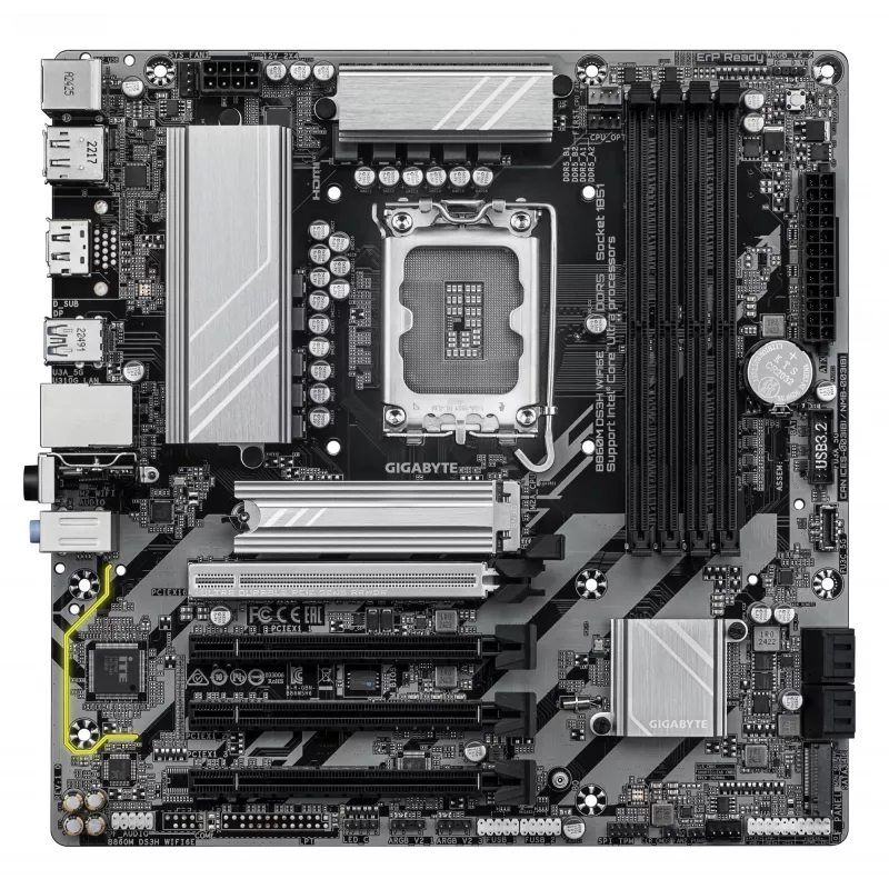GIGABYTE B860M DS3H WIFI6E Placa-mãe – CPUs Intel Core Ultra Series, VRM 5+1+2+1 fases, até 9066 MHz DDR5, 1x PCIe 5.0 + 1x PCIe 4.0 M.2, 2,5 GbE LAN, WIFI 6E, USB 3.2 Gen 2