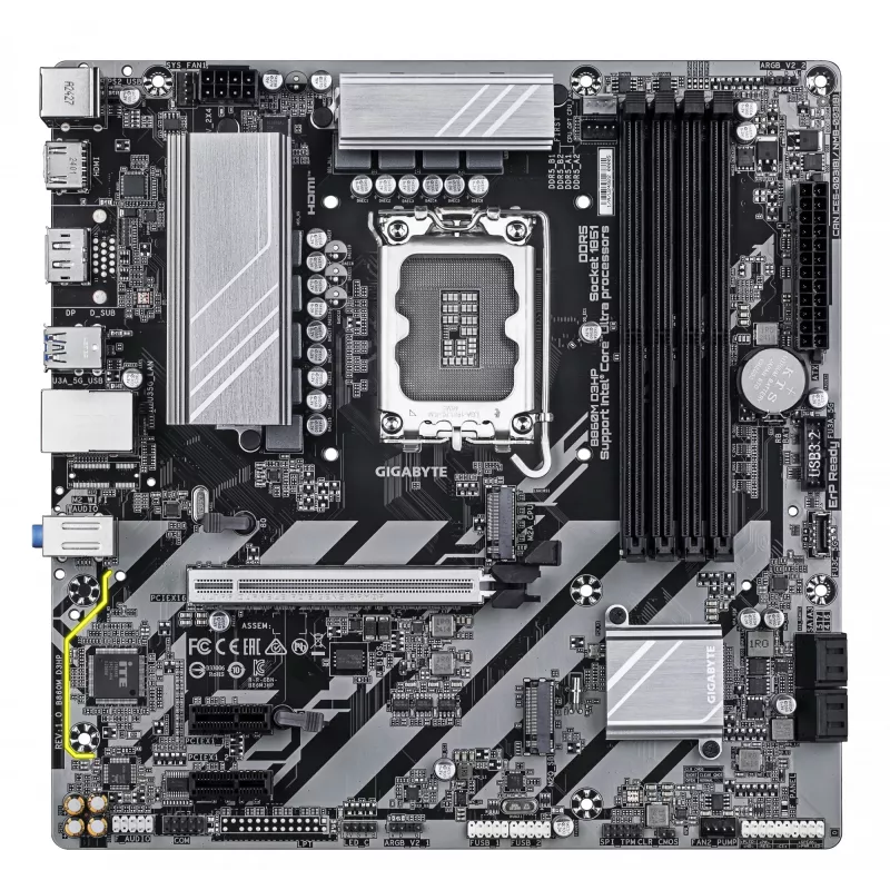 GIGABYTE B860M D3HP Placa-mãe - CPUs Intel Core Ultra Series, VRM 4+1+2+1 fases, até 9066MHz DDR5, 2xPCIe 4.0 M.2, GbE LAN, USB 3.2 Gen 1