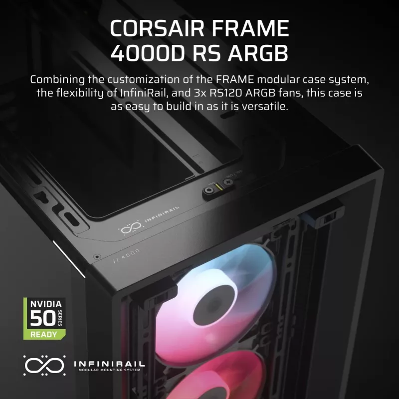 Caixa para PC CORSAIR FRAME 4000D RS ARGB Midi Tower preta — ATX/Micro-ATX/Mini-ITX, vidro temperado, ventoinha ARGB, até 370 mm GPU