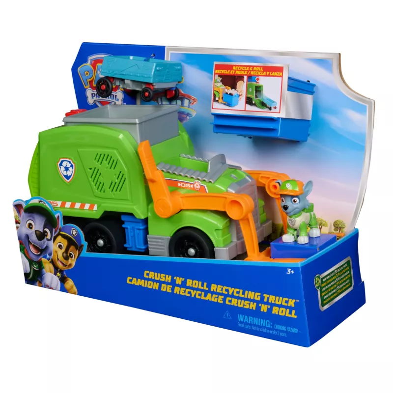 PAW Patrol: camião de reciclagem Crush N’ Roll com figura de ação Rocky e veículo de lixo compactador transformável, brinquedo para rapazes e raparigas a partir dos 3 anos