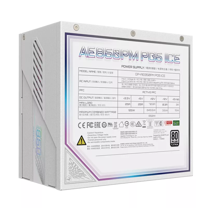 Fonte de alimentação GIGABYTE AORUS ELITE P850W 850W ATX 80 PLUS Platinum totalmente modular branca ventoinha 120mm