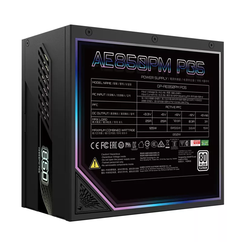 Fonte de alimentação GIGABYTE AORUS ELITE P850W – PCIe 5.0, 80 PLUS Platinum, construção totalmente modular, ventoinha de 120 mm, compatível com ATX 3.0, ficha EU