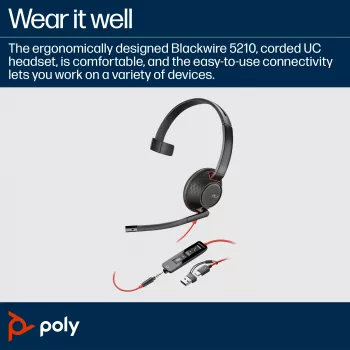 HP Poly Blackwire 5210 Headset monaural USB-C + ficha de 3,5 mm + adaptador USB-C/A