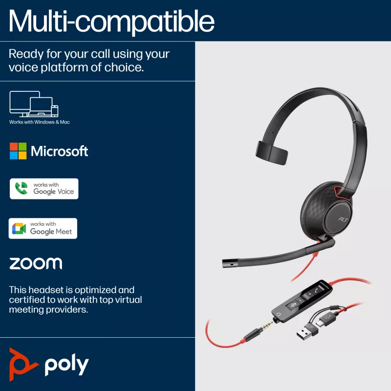 HP Poly Blackwire 5210 Headset monaural USB-C + ficha de 3,5 mm + adaptador USB-C/A