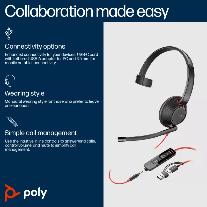 HP Poly Blackwire 5210 Headset monaural USB-C + ficha de 3,5 mm + adaptador USB-C/A