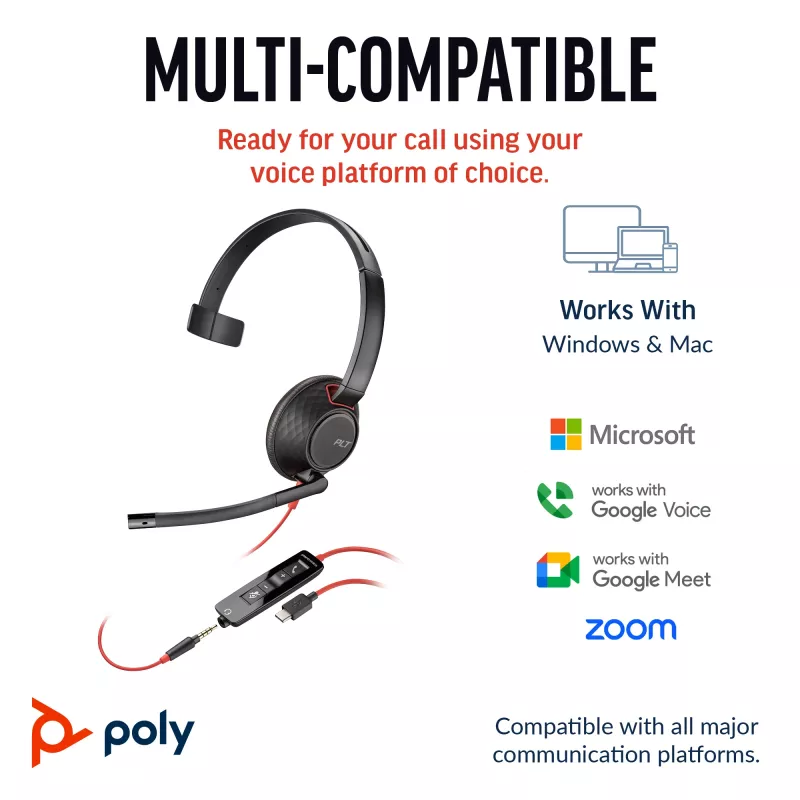 HP Poly Blackwire 5210 Headset monaural USB-C + ficha de 3,5 mm + adaptador USB-C/A