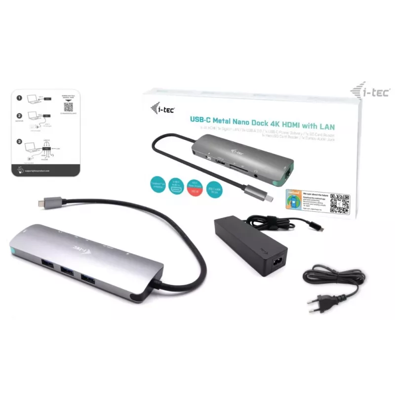 i-tec docking station nano em metal USB-C 4K HDMI LAN com Power Delivery 100 W + carregador universal 100 W