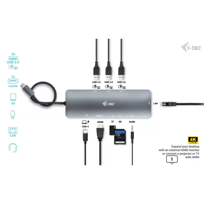i-tec docking station nano em metal USB-C 4K HDMI LAN com Power Delivery 100 W + carregador universal 100 W