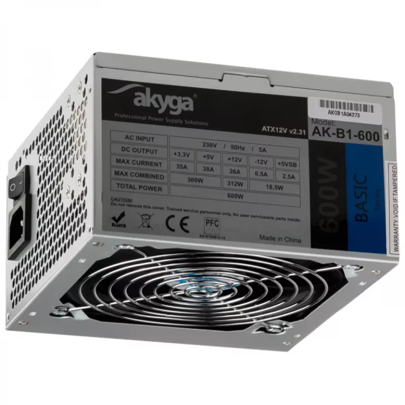 Fonte de alimentação ATX Akyga Basic AK-B1-600 600 W, ventoinha de 120 mm, PFC passivo, cinzento